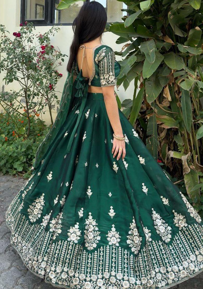 Green Embroidered Silk Lehenga Set With Dupatta