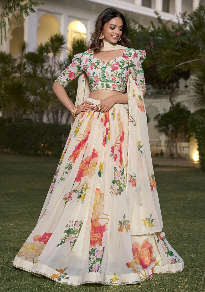 White Embroidered Georgette Lehenga Set With Dupatta