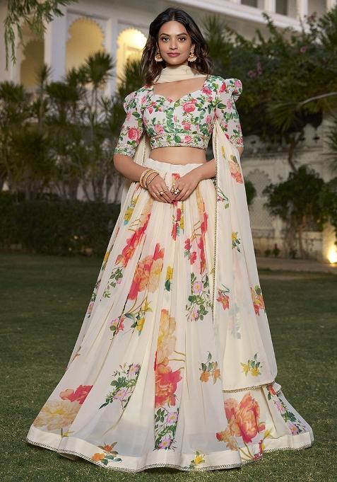 White Embroidered Georgette Lehenga Set With Dupatta