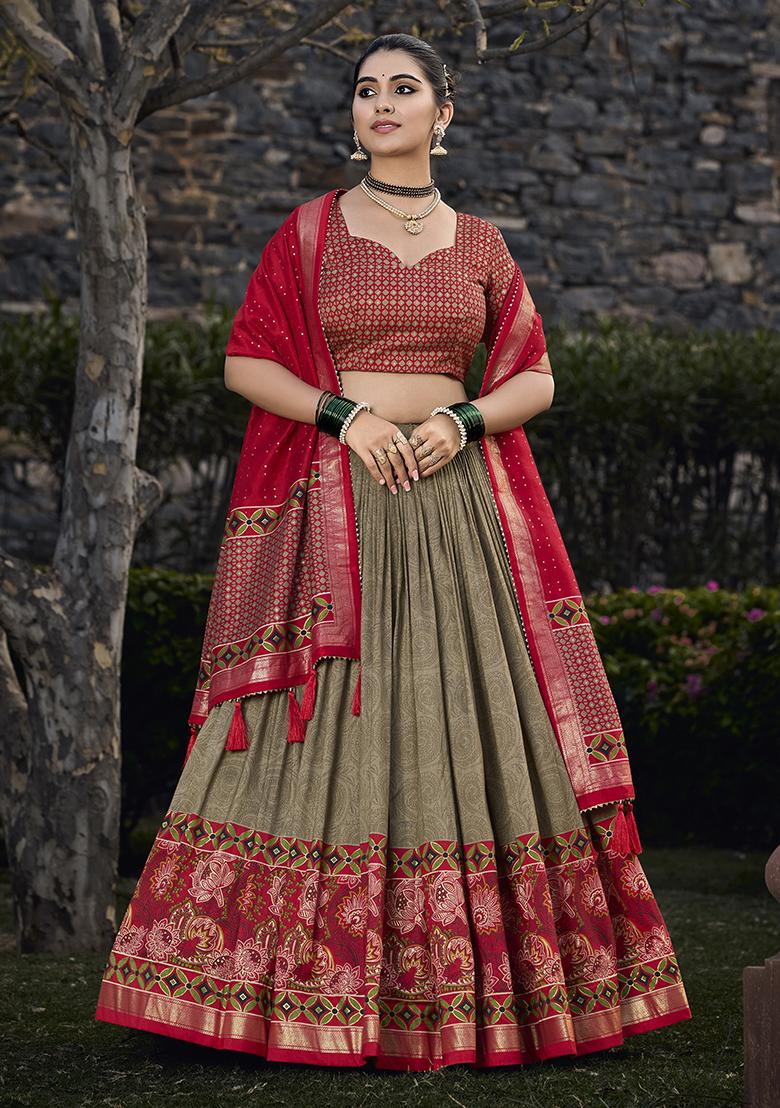 Mehndi Embroidered Silk Lehenga Set With Dupatta