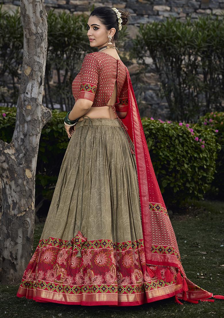Mehndi Embroidered Silk Lehenga Set With Dupatta