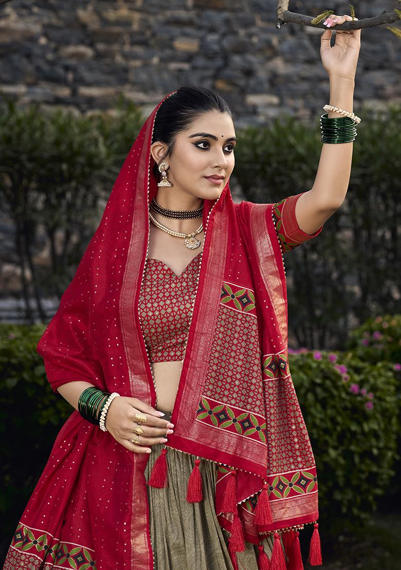 Mehndi Embroidered Silk Lehenga Set With Dupatta