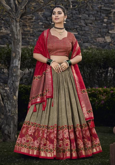 Mehndi Embroidered Silk Lehenga Set With Dupatta