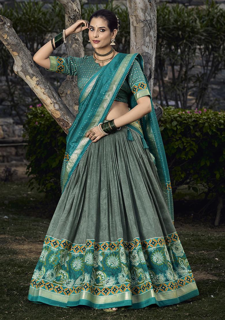 Green Embroidered Silk Lehenga Set With Dupatta