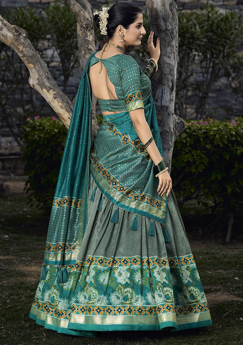 Green Embroidered Silk Lehenga Set With Dupatta