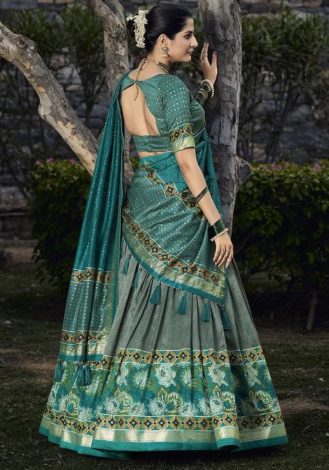 Green Embroidered Silk Lehenga Set With Dupatta