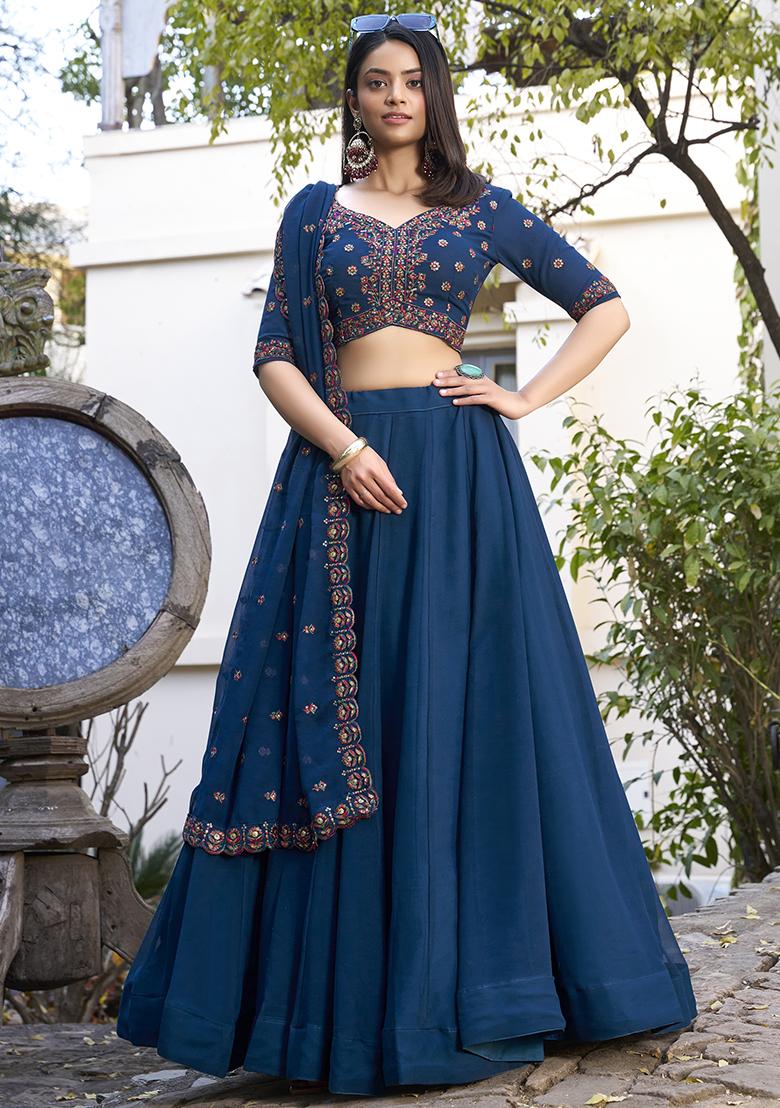 Firozi Embroidered Georgette Lehenga Set With Dupatta