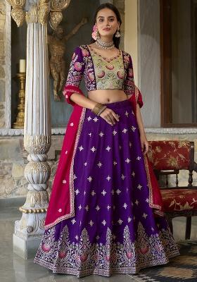 Purple Embroidered Silk Lehenga Set With Dupatta