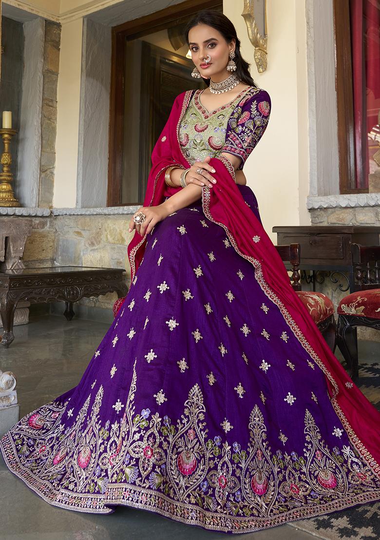 Purple Embroidered Silk Lehenga Set With Dupatta