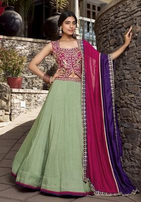 Green Embroidered Silk Lehenga Set With Dupatta