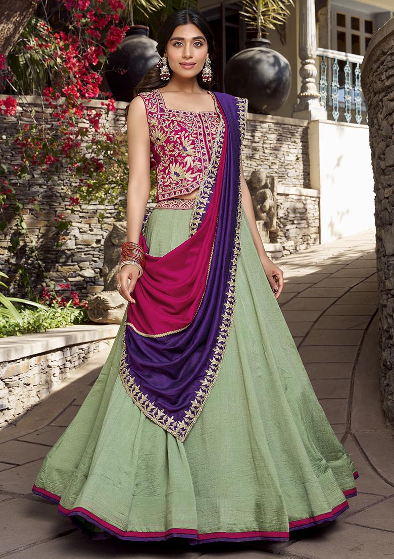 Green Embroidered Silk Lehenga Set With Dupatta