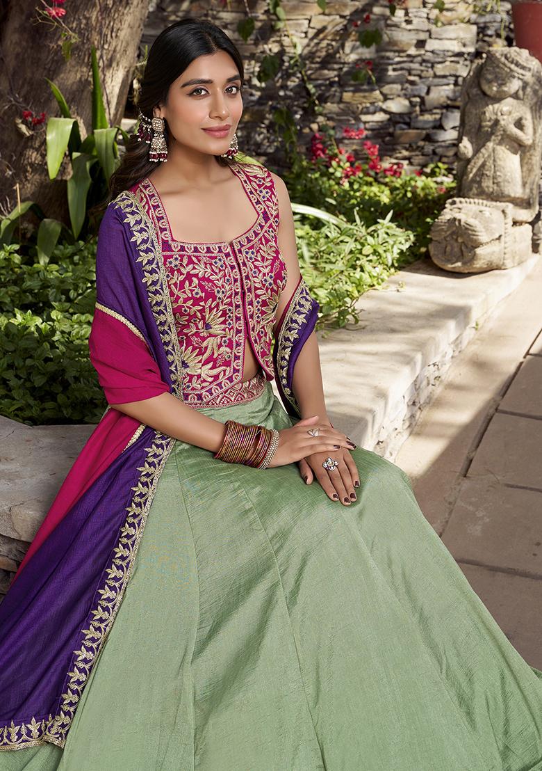 Green Embroidered Silk Lehenga Set With Dupatta