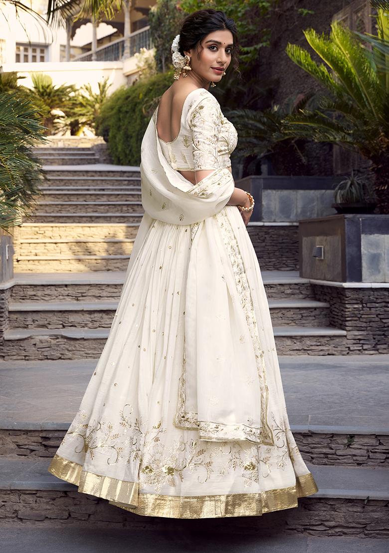 White Embroidered Silk Lehenga Set With Dupatta