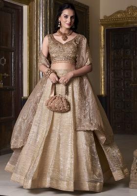 Golden Embroidered Silk Lehenga Set With Dupatta