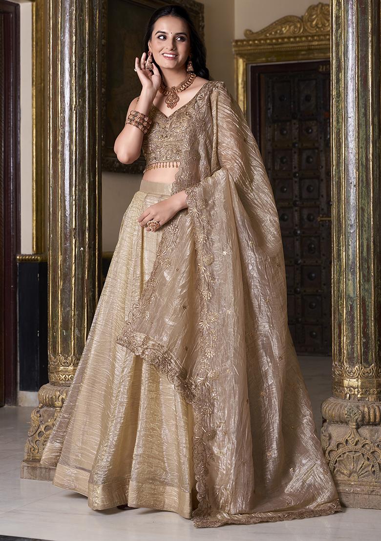 Golden Embroidered Silk Lehenga Set With Dupatta