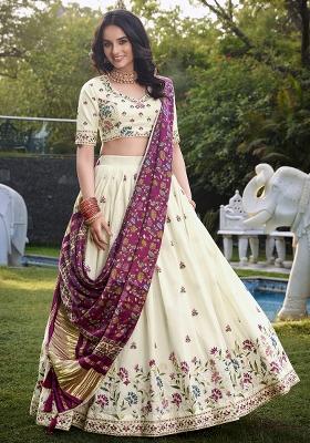 Flower Embroidered Cotton Lehenga Set With Dupatta