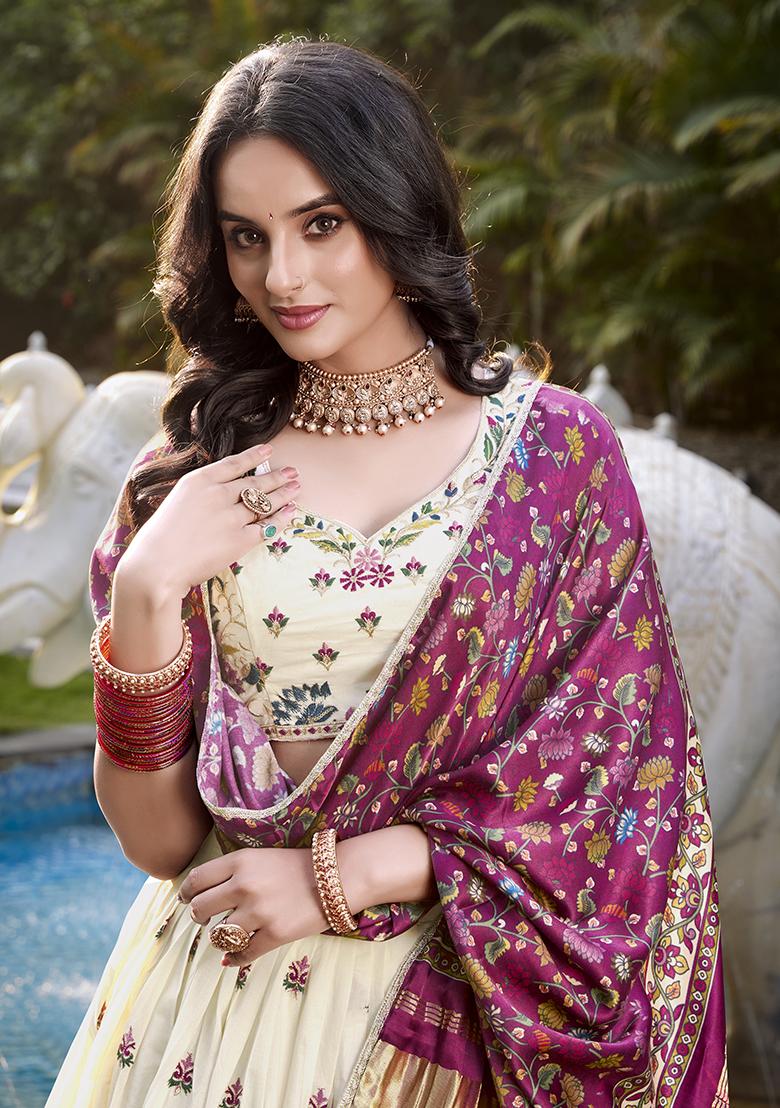 Flower Embroidered Cotton Lehenga Set With Dupatta