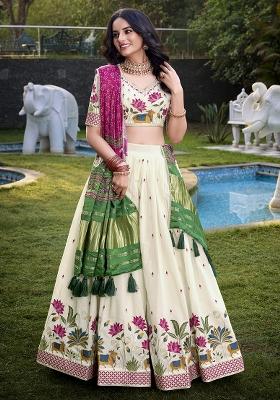 Lotus Embroidered Cotton Lehenga Set With Dupatta