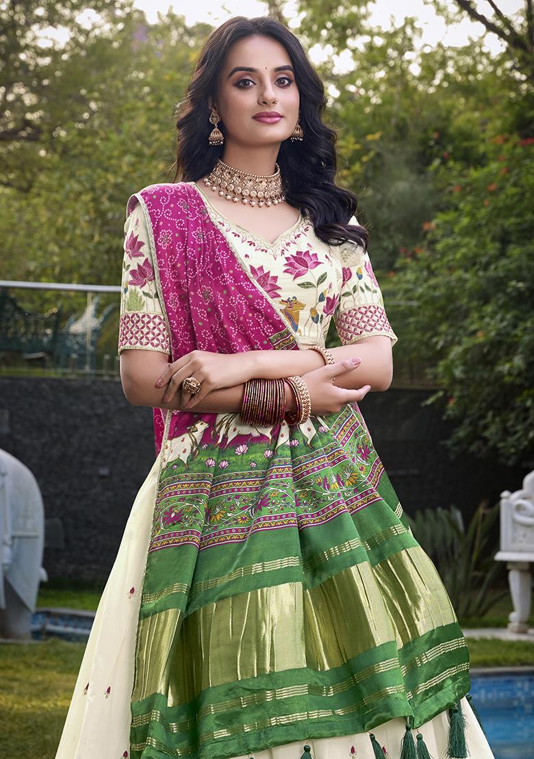 Lotus Embroidered Cotton Lehenga Set With Dupatta