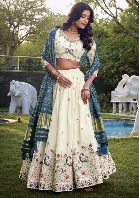 Peacock Embroidered Cotton Lehenga Set With Dupatta