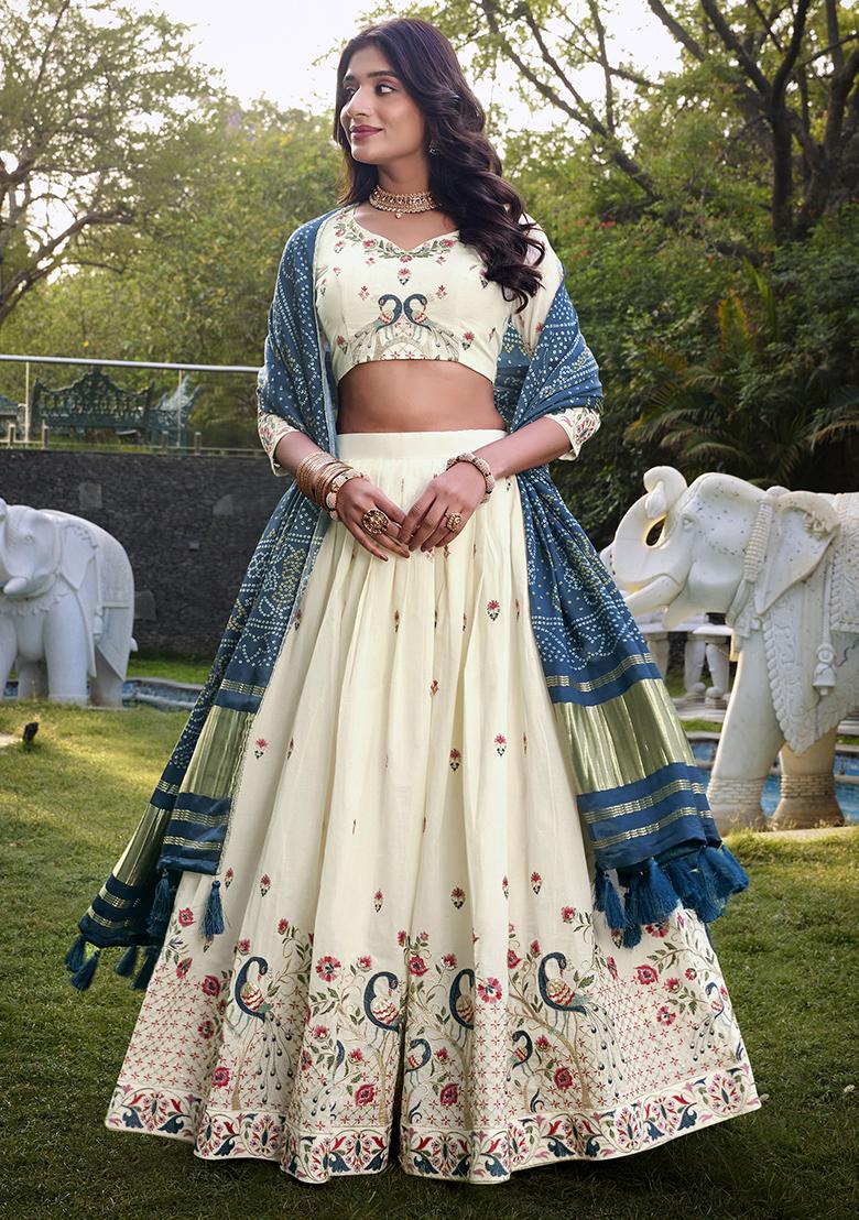 Peacock Embroidered Cotton Lehenga Set With Dupatta