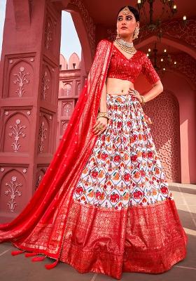 Red Embroidered Silk Lehenga Set With Dupatta