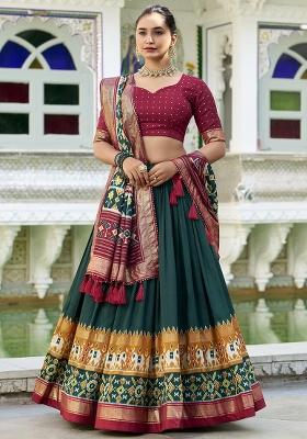 Green Embroidered Silk Lehenga Set With Dupatta