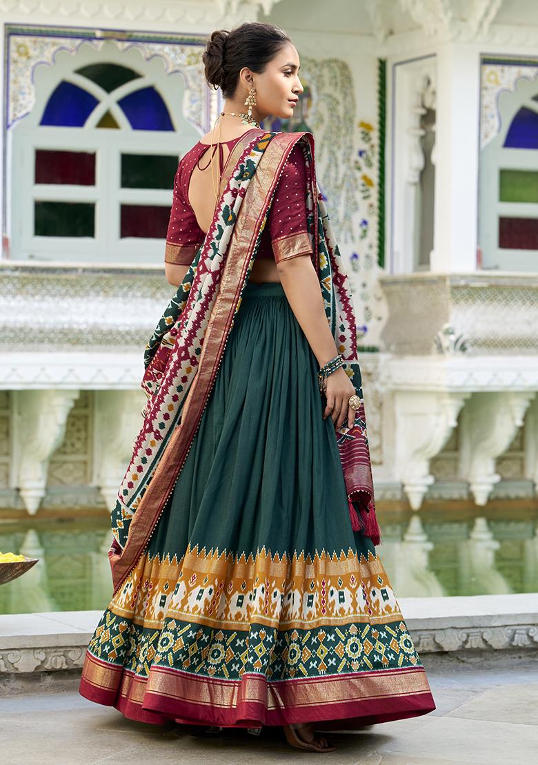 Green Embroidered Silk Lehenga Set With Dupatta