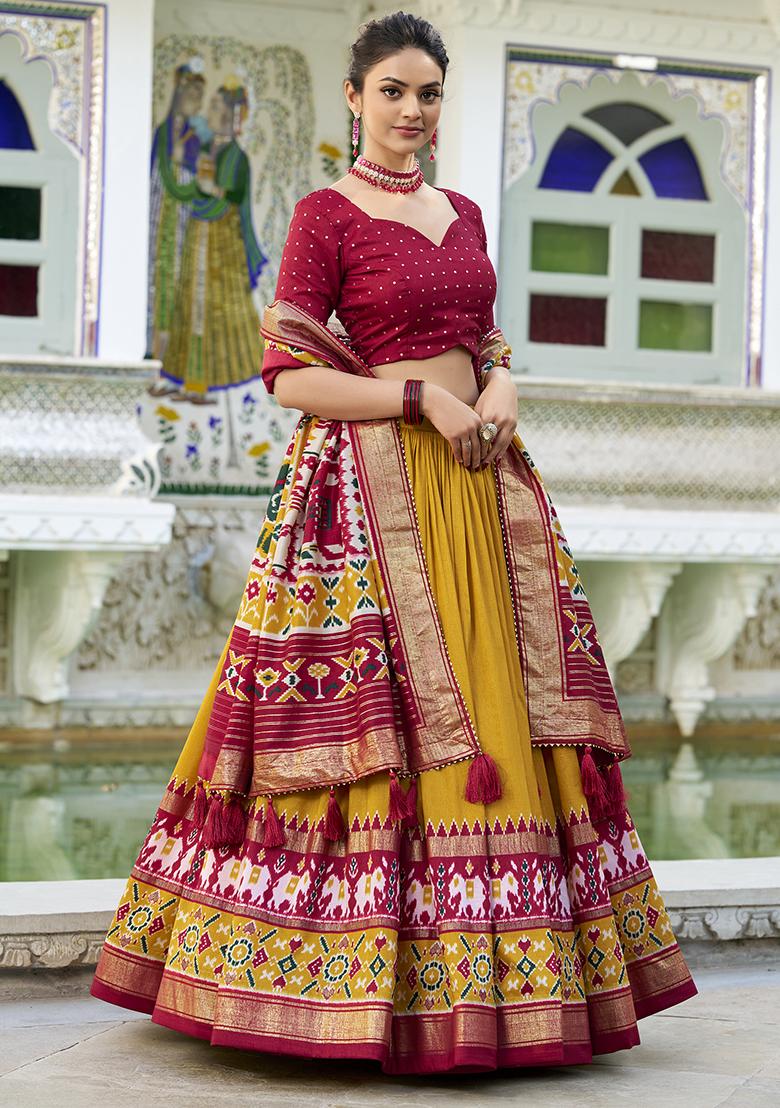 Mustard Embroidered Silk Lehenga Set With Dupatta
