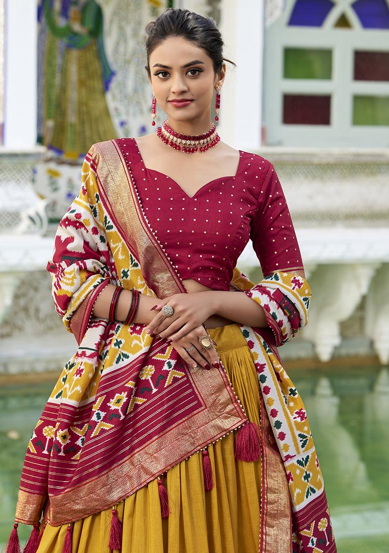 Mustard Embroidered Silk Lehenga Set With Dupatta