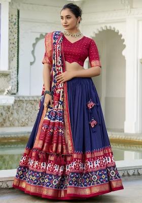 Blue Embroidered Silk Lehenga Set With Dupatta