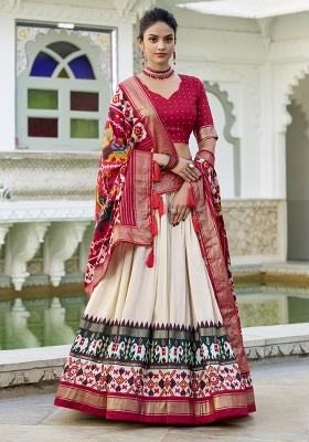 White Embroidered Silk Lehenga Set With Dupatta