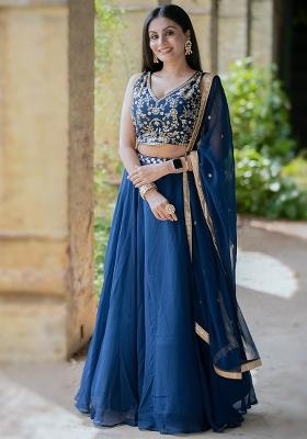 Blue Embroidered Georgette Lehenga Set With Dupatta