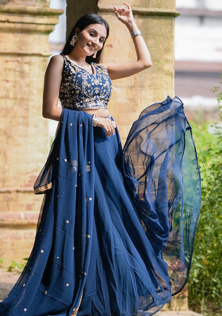 Blue Embroidered Georgette Lehenga Set With Dupatta
