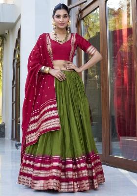 Mehndi Embroidered Chanderi Lehenga Set With Dupatta