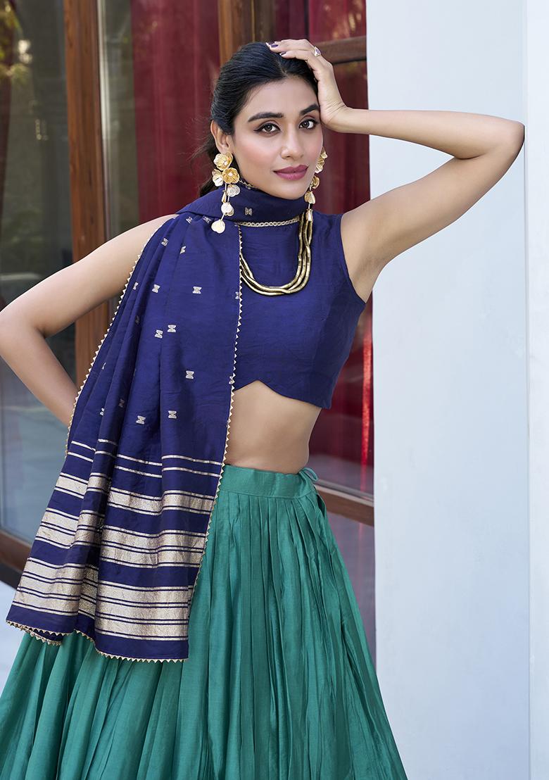 Firozi Embroidered Chanderi Lehenga Set With Dupatta