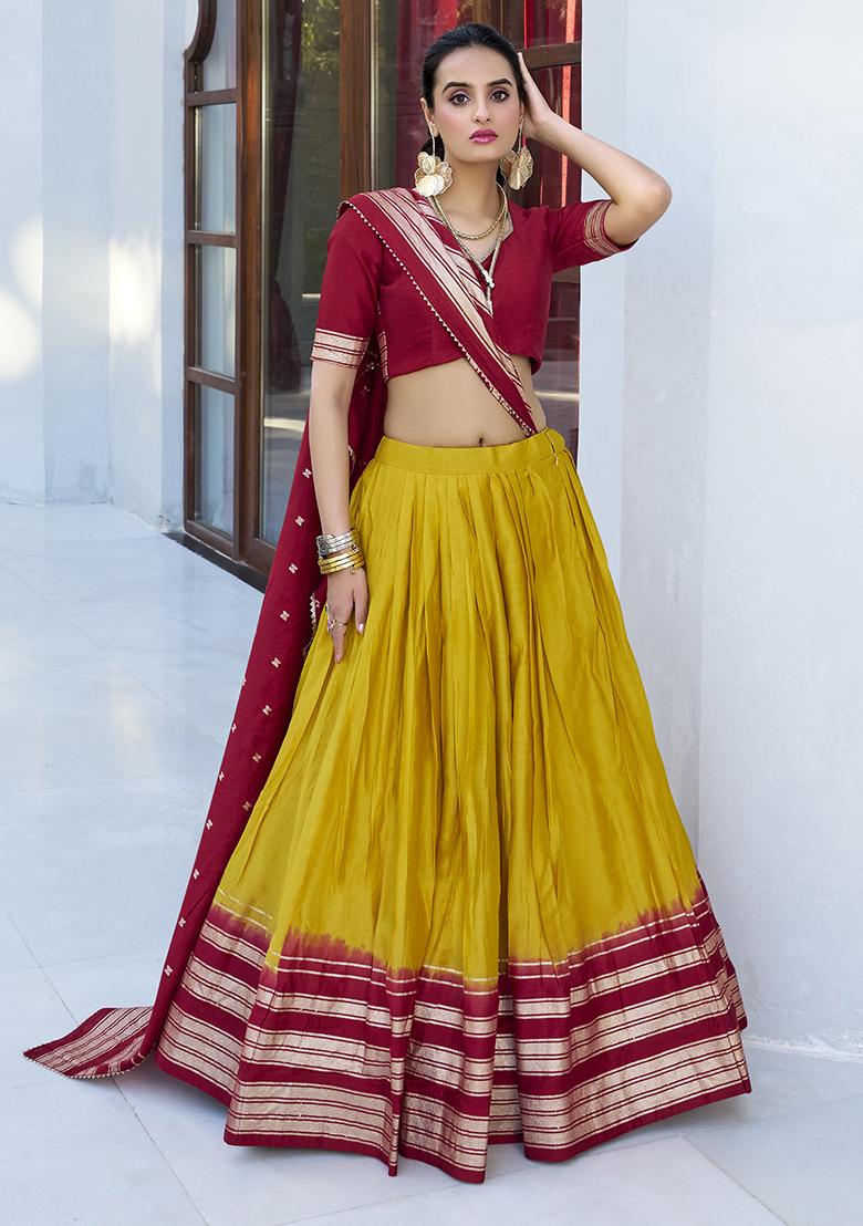 Yellow Embroidered Chanderi Lehenga Set With Dupatta