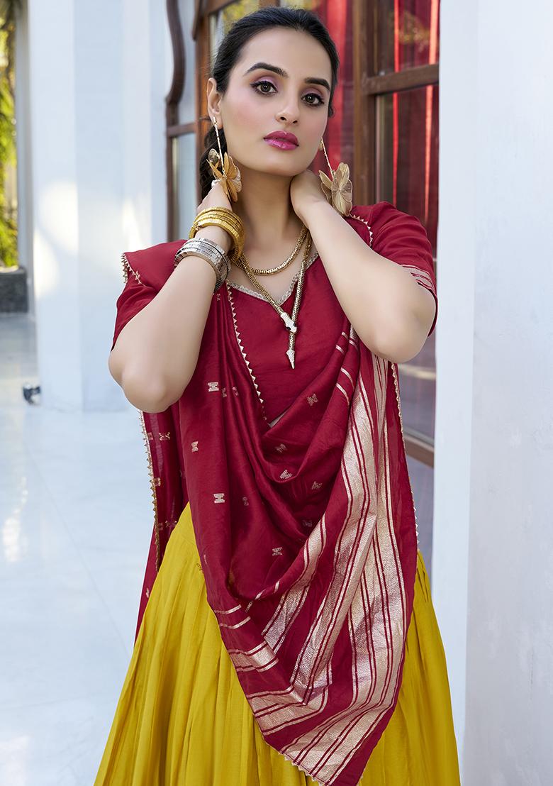 Yellow Embroidered Chanderi Lehenga Set With Dupatta