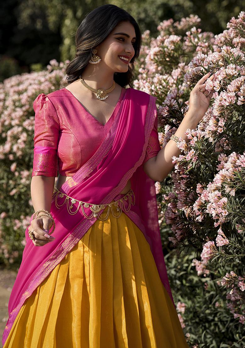 Mustard Embroidered Silk Lehenga Set With Dupatta