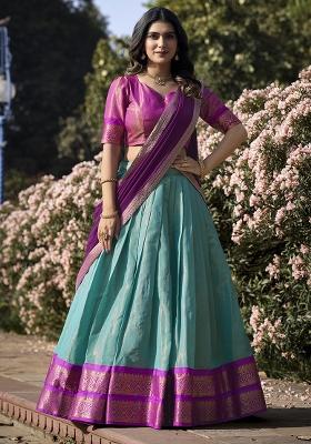 Blue Embroidered Silk Lehenga Set With Dupatta