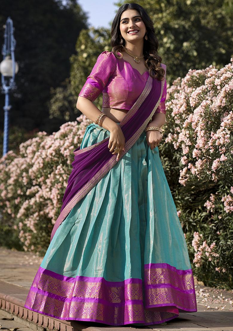 Blue Embroidered Silk Lehenga Set With Dupatta