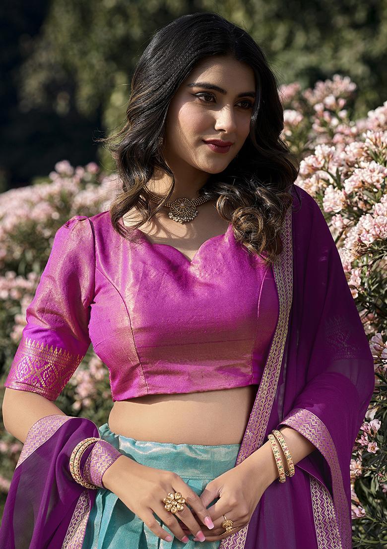 Blue Embroidered Silk Lehenga Set With Dupatta