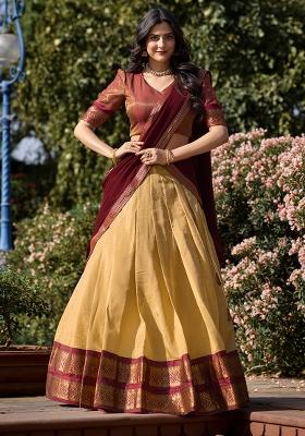 Cream Embroidered Silk Lehenga Set With Dupatta