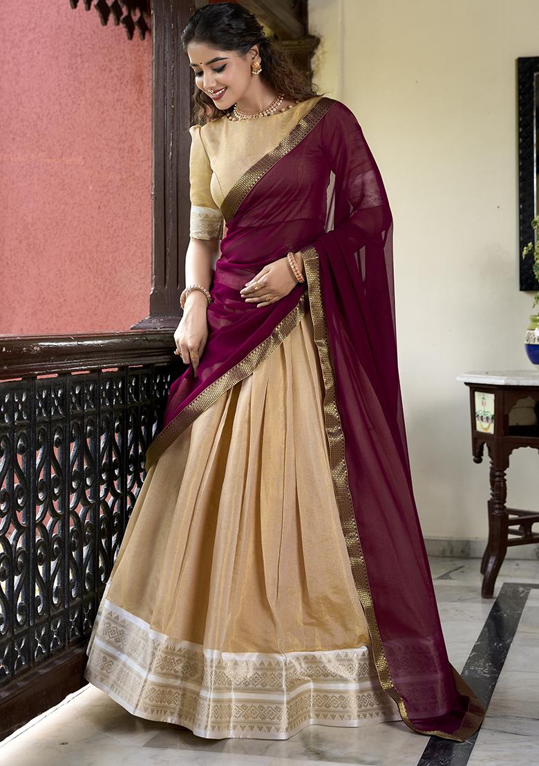 Cream Embroidered Silk Lehenga Set With Dupatta