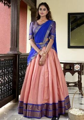 Peach Embroidered Silk Lehenga Set With Dupatta