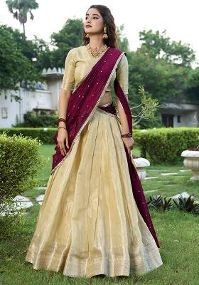 Cream Embroidered Silk Lehenga Set With Dupatta