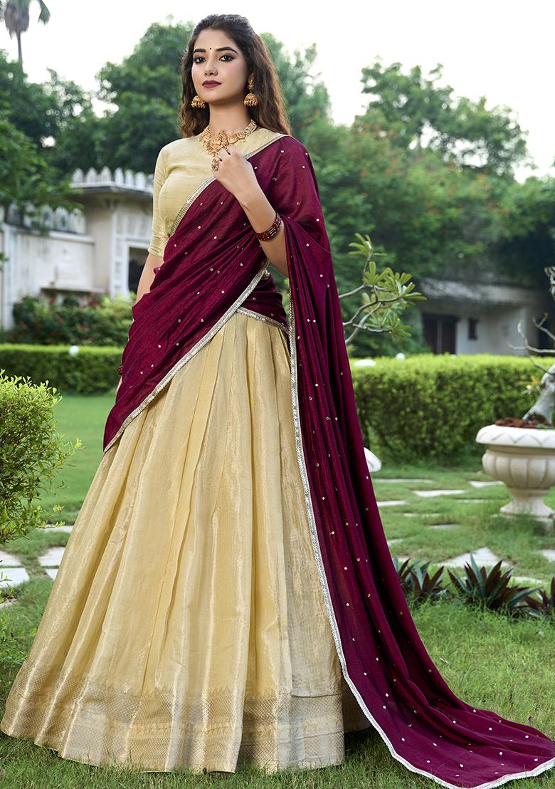 Cream Embroidered Silk Lehenga Set With Dupatta
