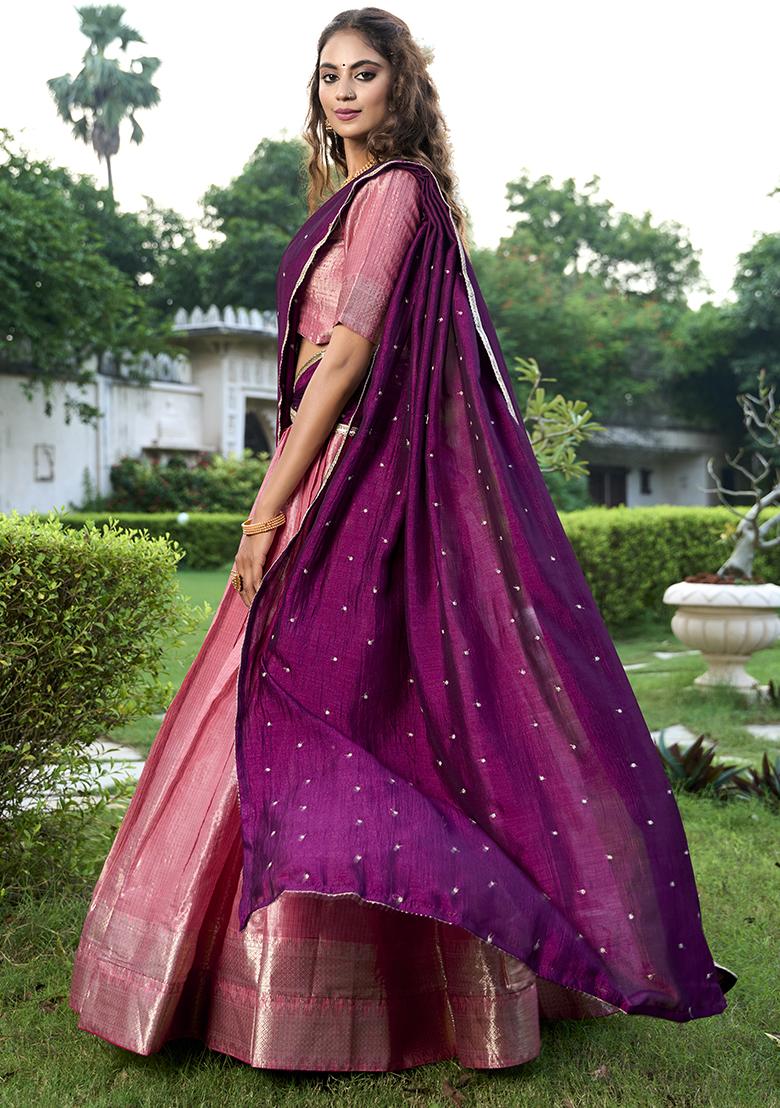 Peach Embroidered Silk Lehenga Set With Dupatta