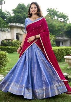 Blue Embroidered Silk Lehenga Set With Dupatta