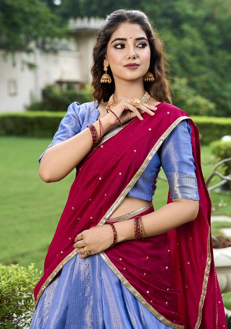 Blue Embroidered Silk Lehenga Set With Dupatta